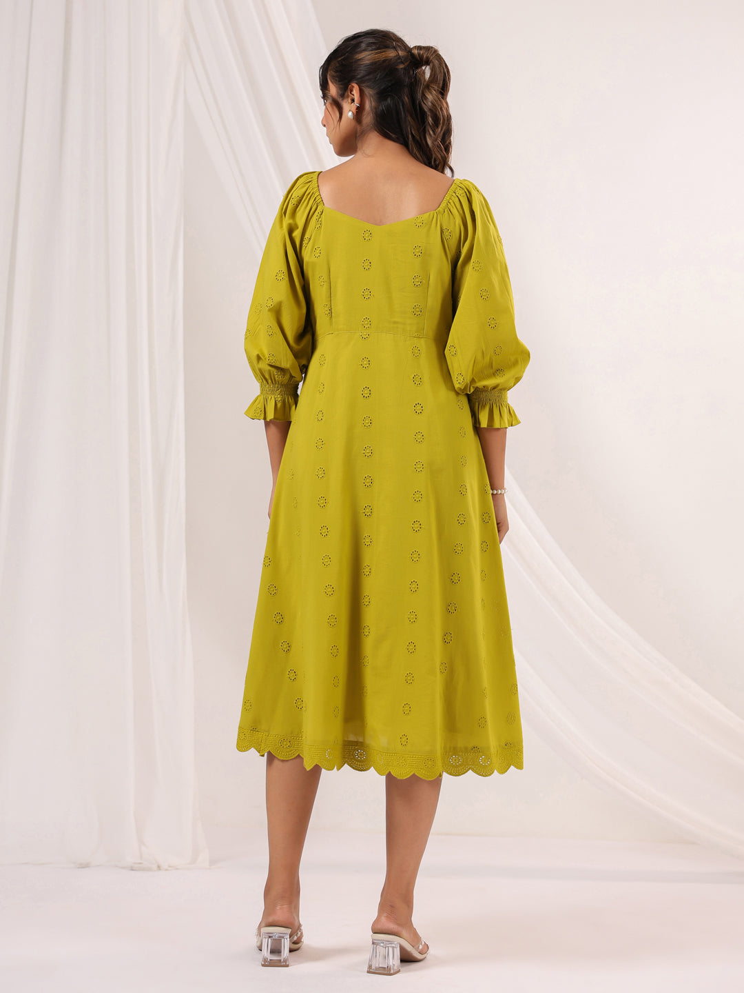 Janasya Dark Cotton Schiffli A-Line Dress
