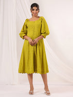 Thumbnail for Janasya Dark Cotton Schiffli A-Line Dress