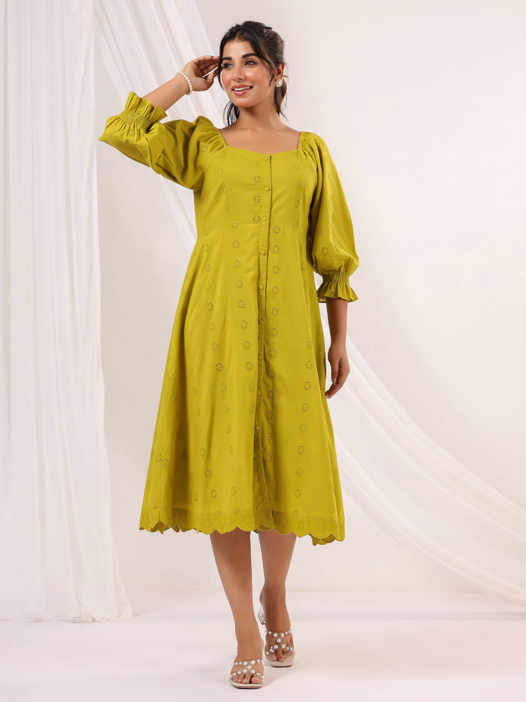 Janasya Dark Cotton Schiffli A-Line Dress
