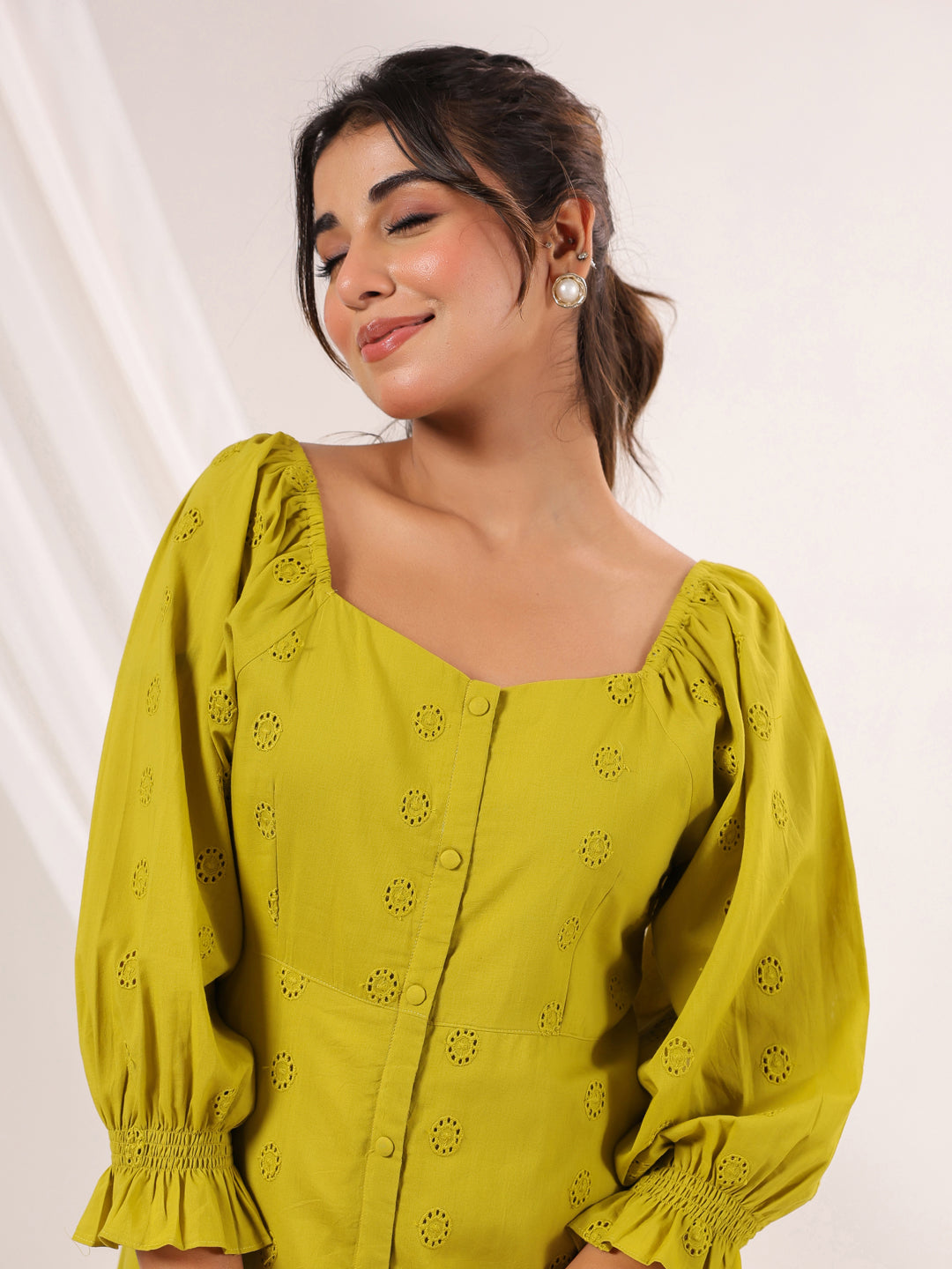 Janasya Dark Cotton Schiffli A-Line Dress - Distacart