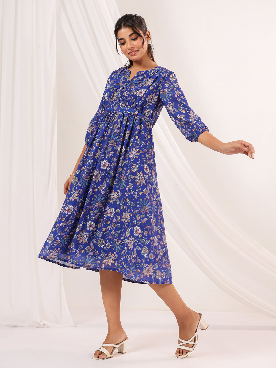 Janasya Dark Georgette Floral A-Line Dress