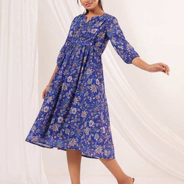Janasya Dark Georgette Floral A-Line Dress