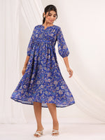 Thumbnail for Janasya Dark Georgette Floral A-Line Dress