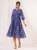 Thumbnail for Janasya Dark Georgette Floral A-Line Dress