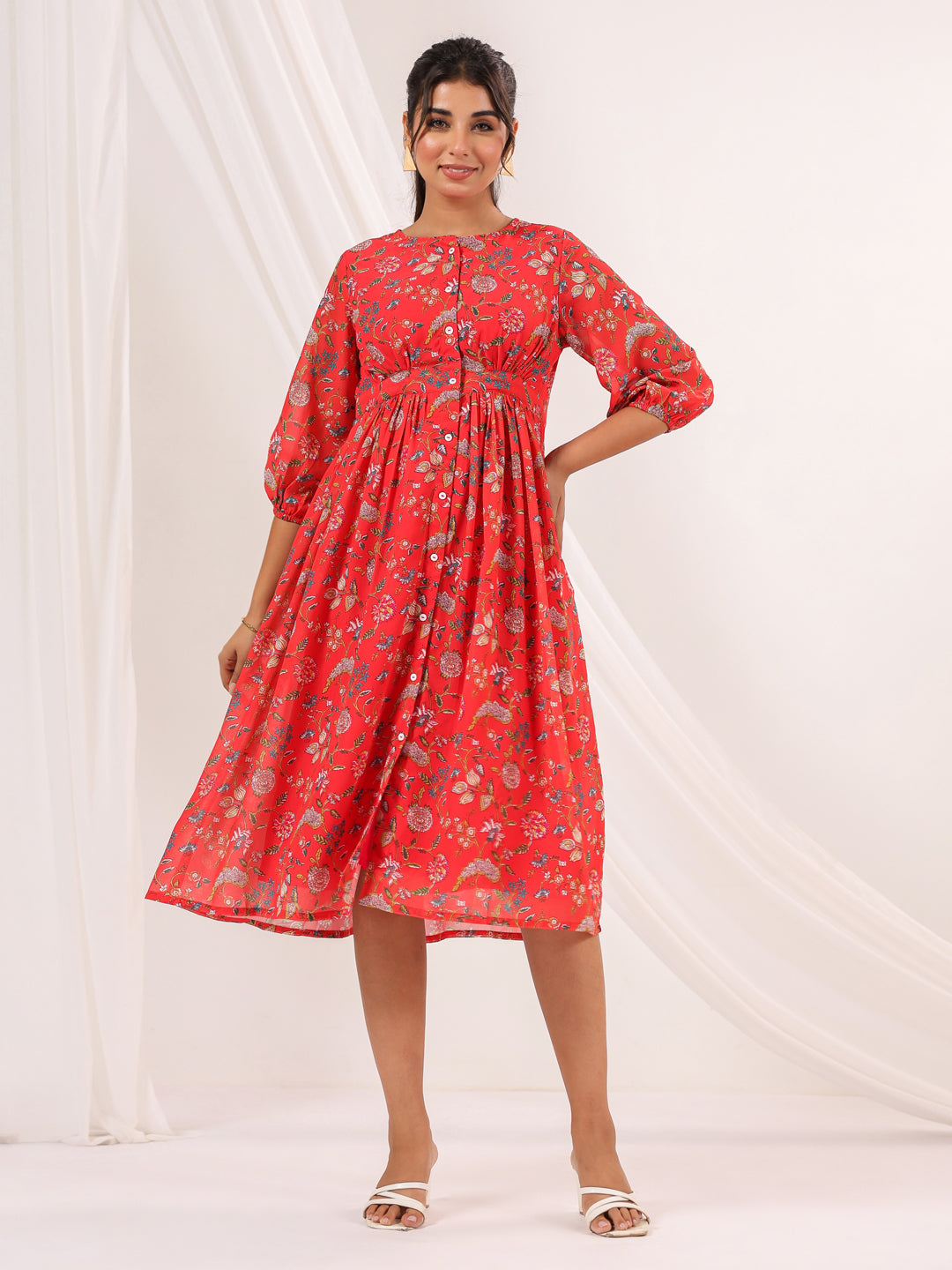 Janasya Bright Georgette Floral Gathered Dress