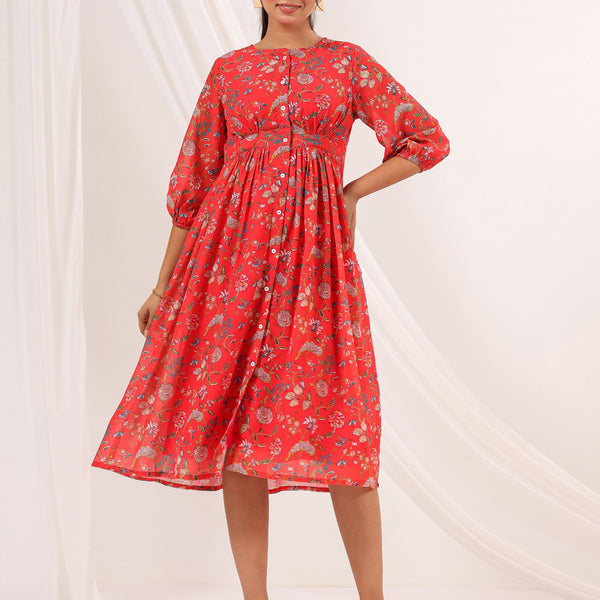 Janasya Bright Georgette Floral Gathered Dress