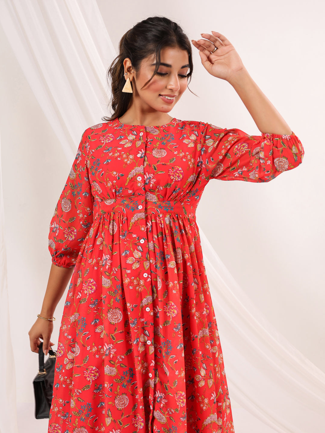 Janasya Bright Georgette Floral Gathered Dress