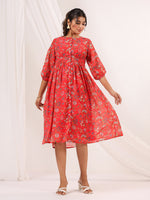 Thumbnail for Janasya Bright Georgette Floral Gathered Dress