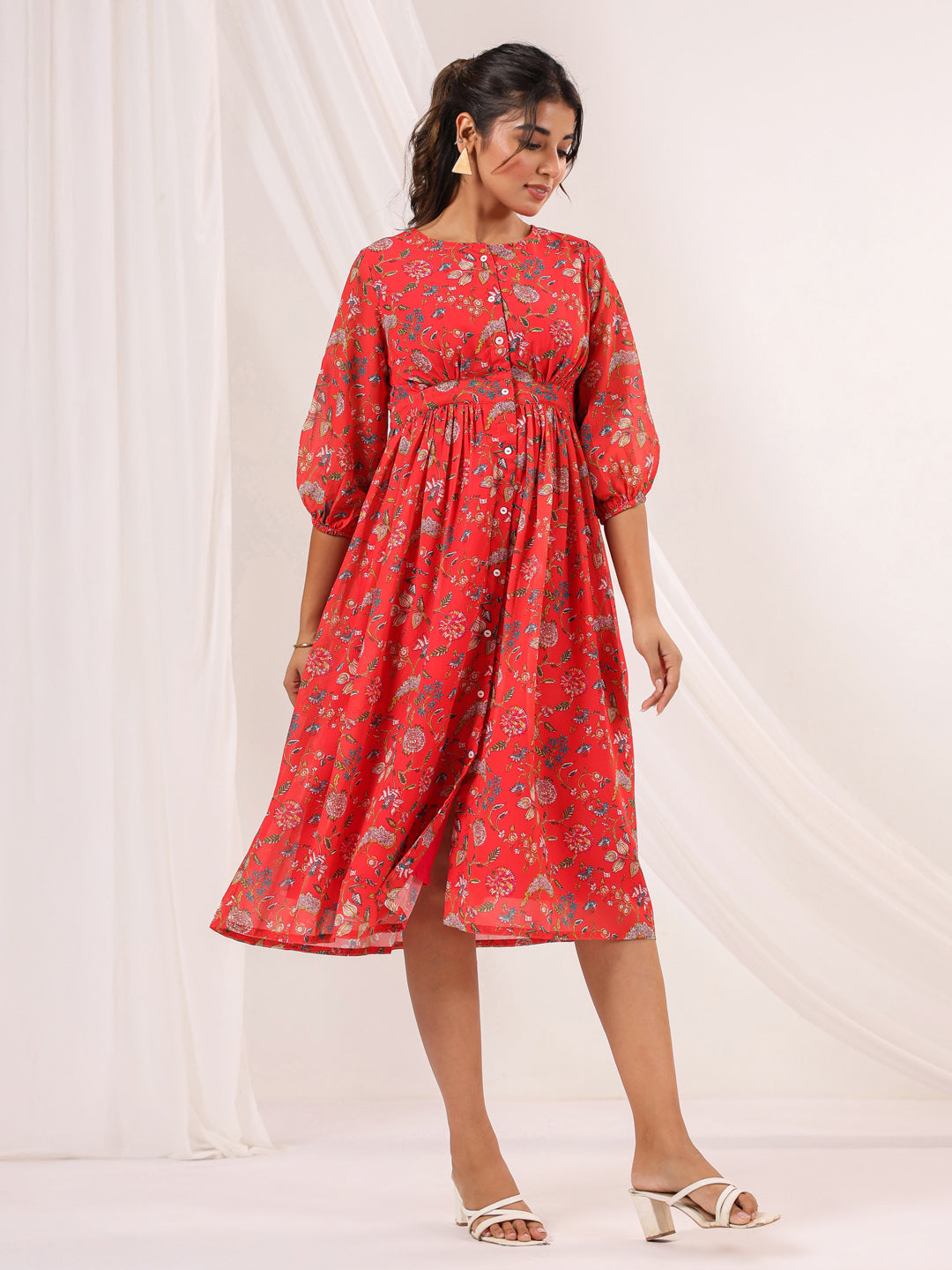 Janasya Bright Georgette Floral Gathered Dress