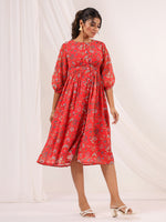 Thumbnail for Janasya Bright Georgette Floral Gathered Dress