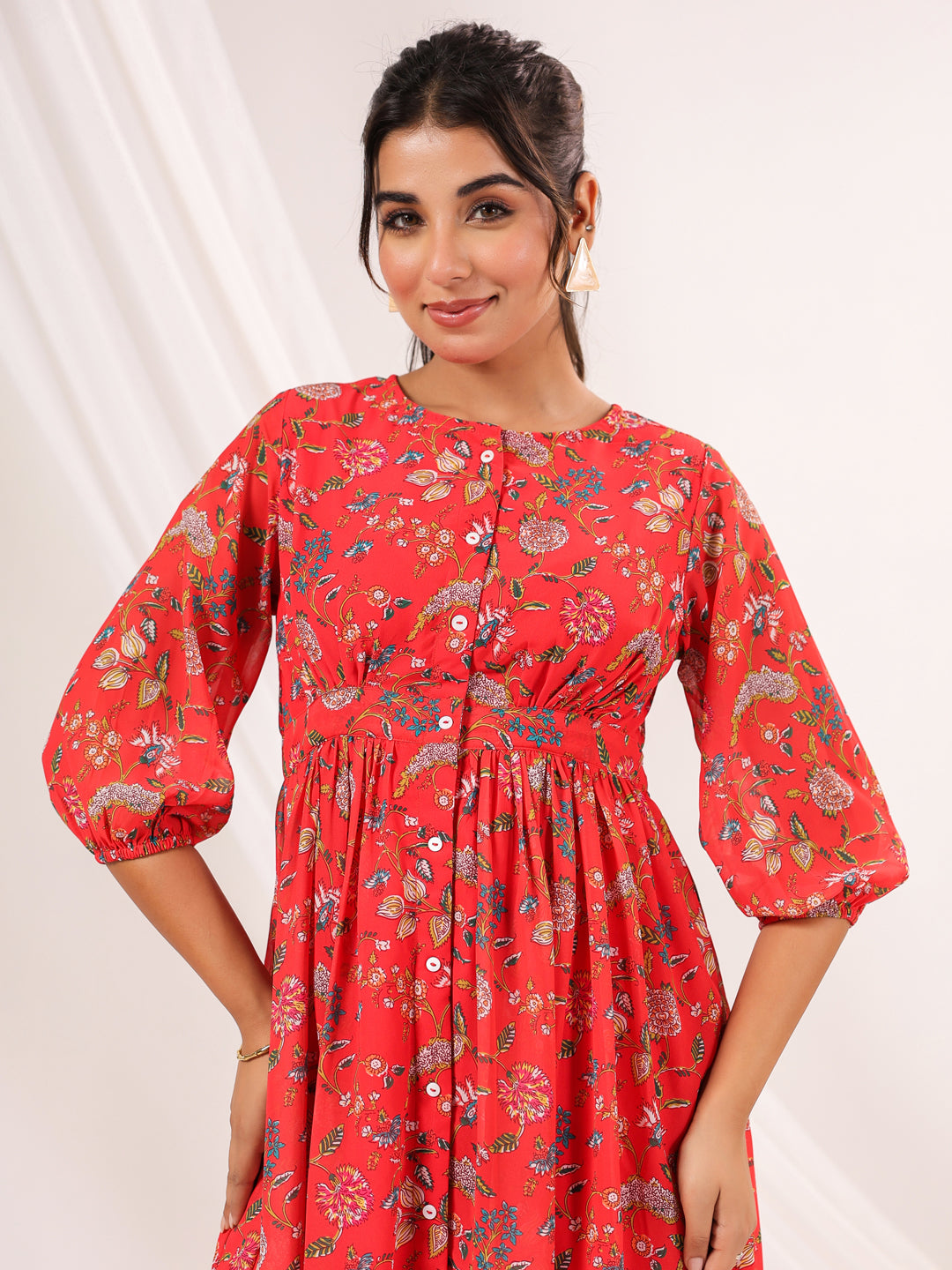 Janasya Bright Georgette Floral Gathered Dress