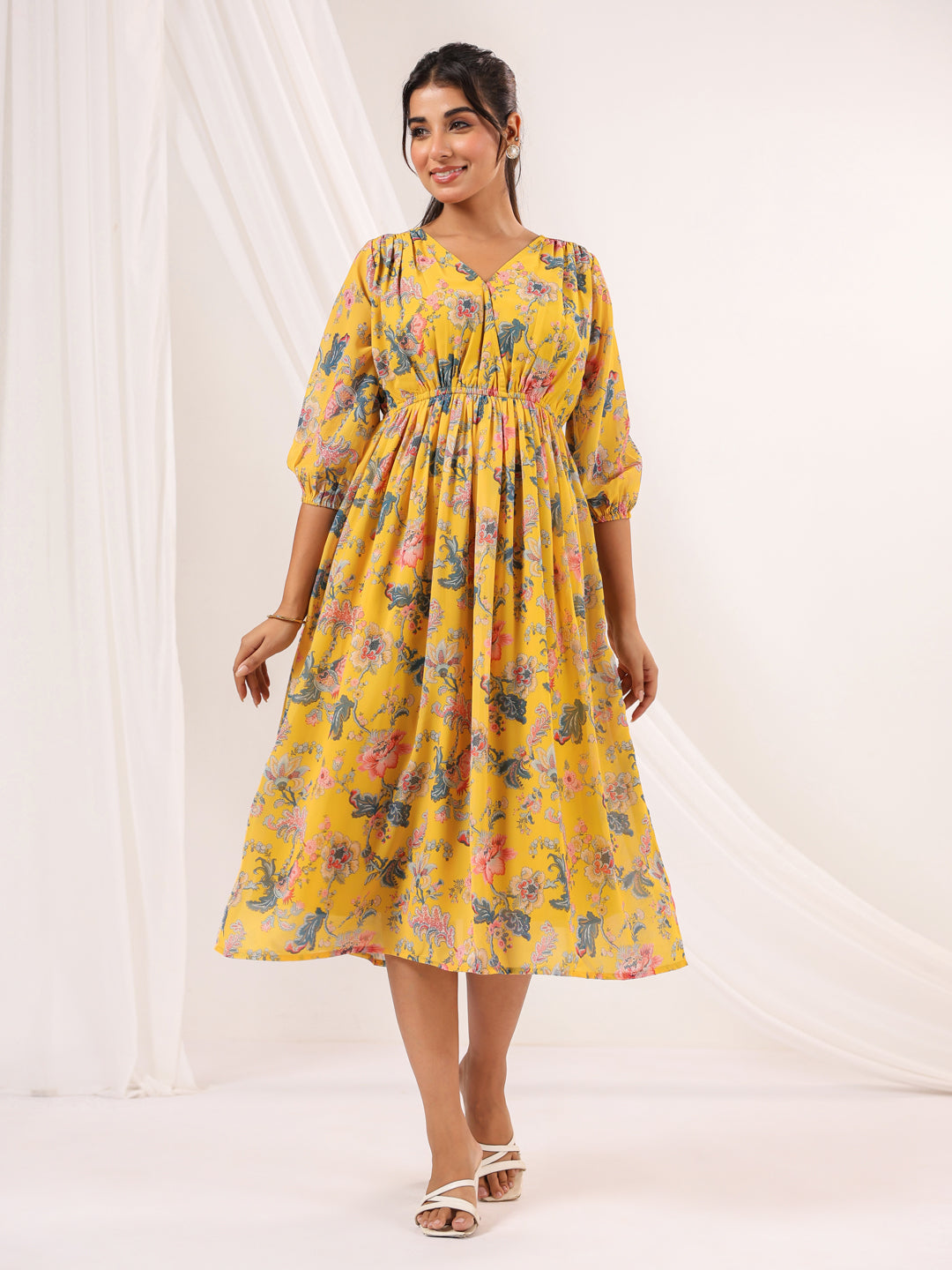 Janasya Bright Georgette Floral A-Line Dress