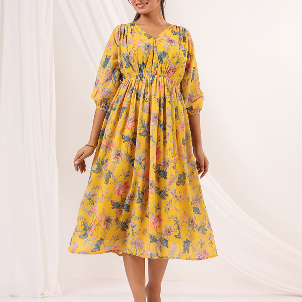 Janasya Bright Georgette Floral A-Line Dress