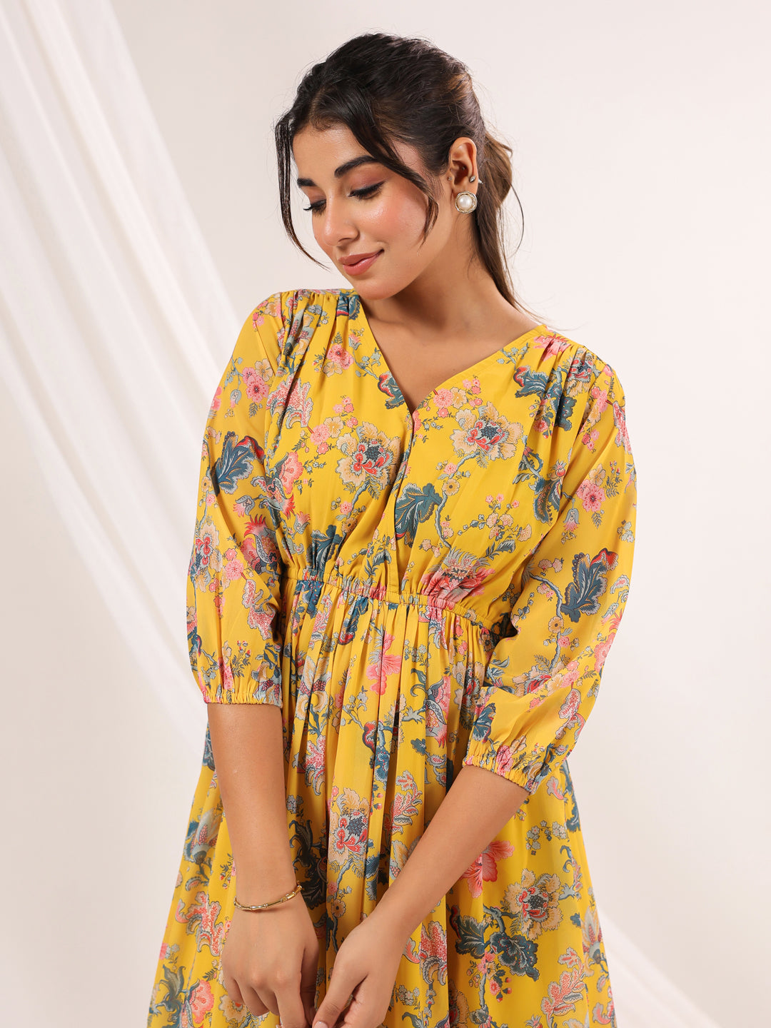 Janasya Bright Georgette Floral A-Line Dress