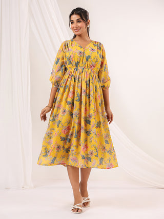 Janasya Bright Georgette Floral A-Line Dress
