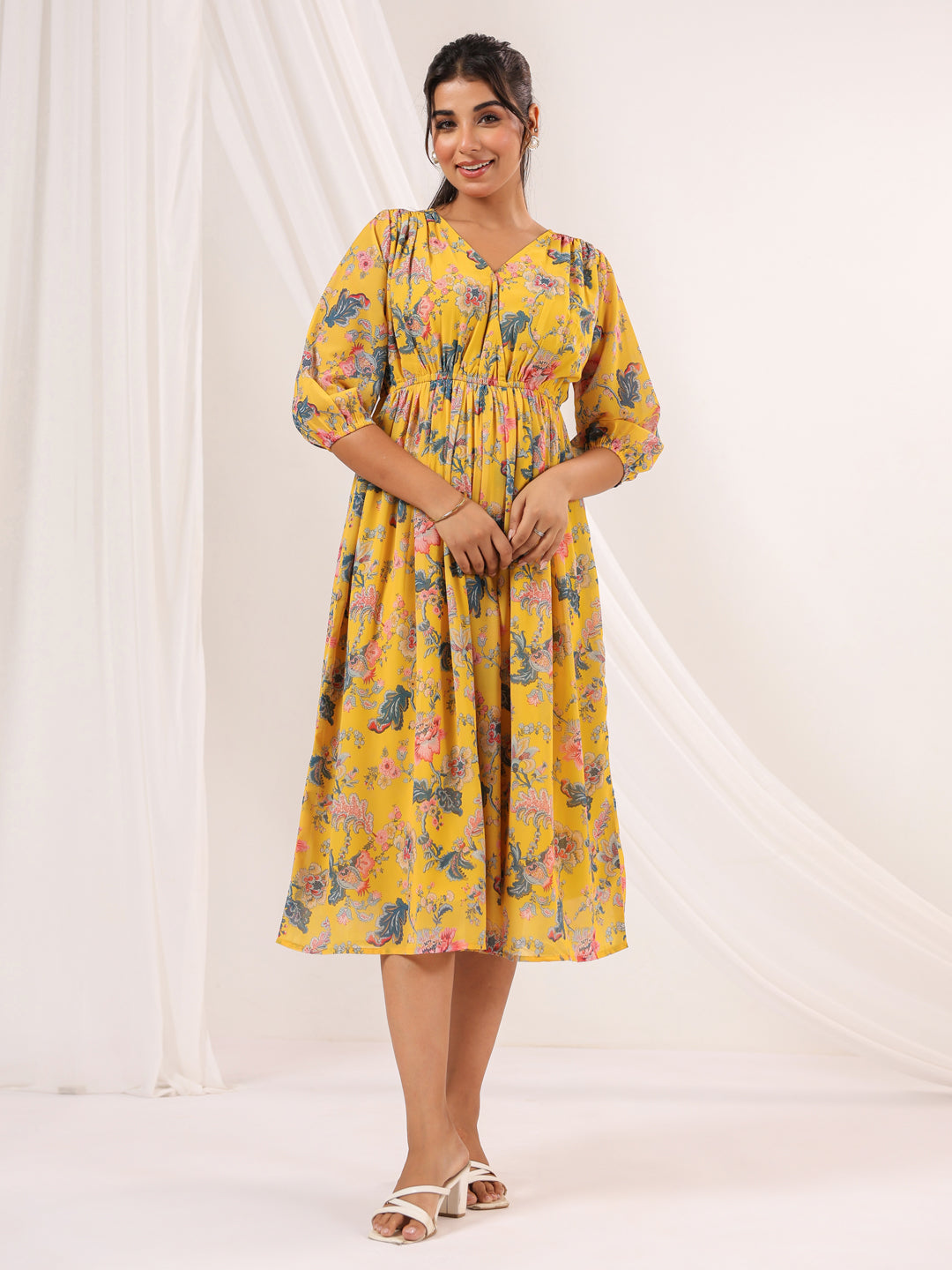 Janasya Bright Georgette Floral A-Line Dress
