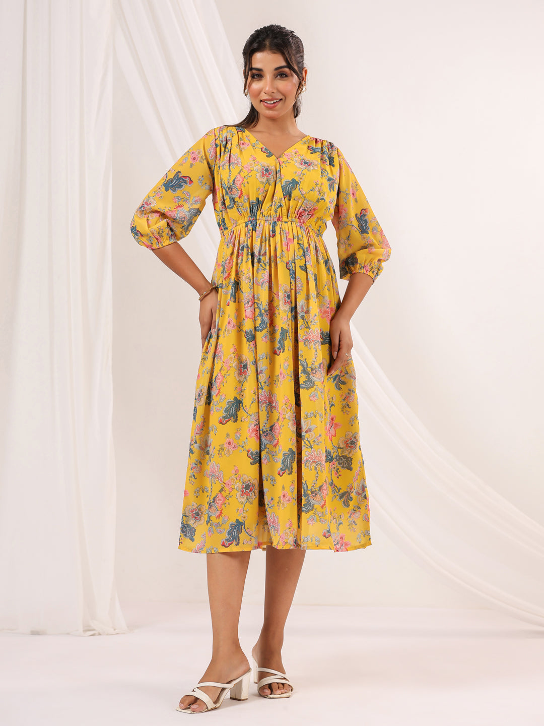 Janasya Bright Georgette Floral A-Line Dress