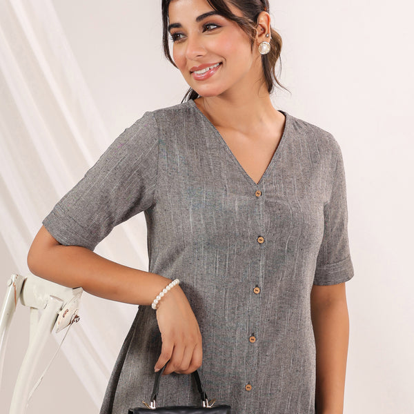 Janasya Dark Cotton Solid A-Line Dress