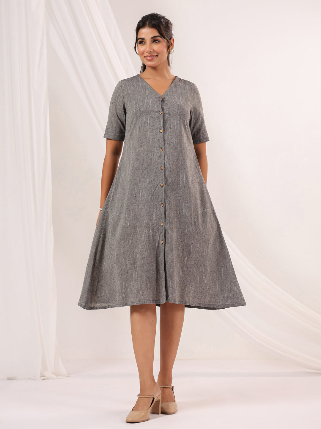 Janasya Dark Cotton Solid A-Line Dress