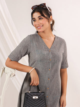 Janasya Dark Cotton Solid A-Line Dress