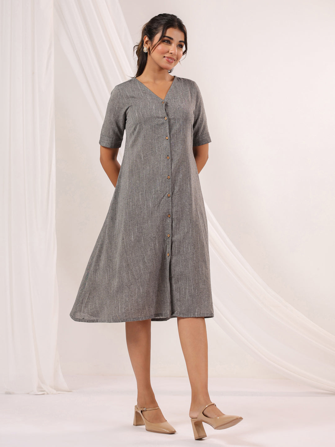 Janasya Dark Cotton Solid A-Line Dress
