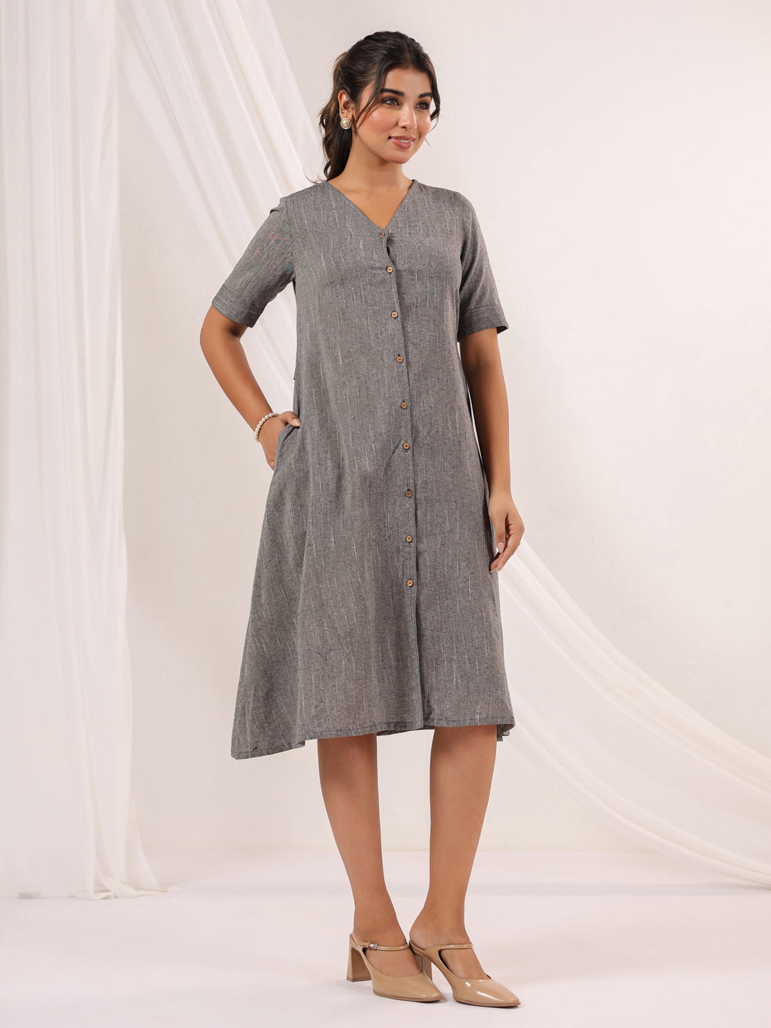 Janasya Dark Cotton Solid A-Line Dress