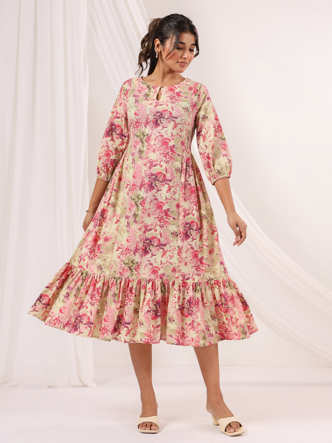 Janasya Bright Cotton Floral A-Line Dress