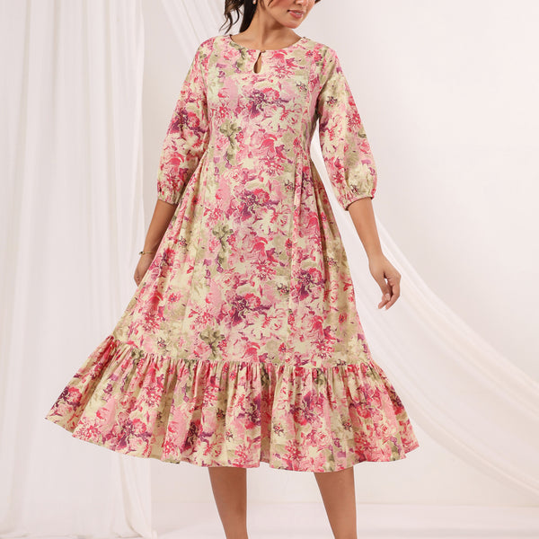 Janasya Bright Cotton Floral A-Line Dress