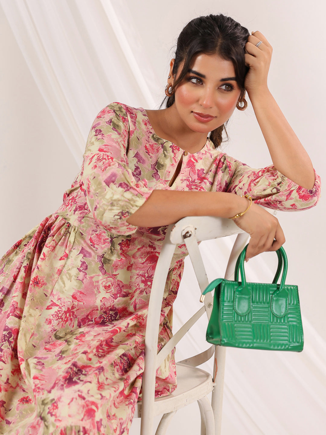 Janasya Bright Cotton Floral A-Line Dress