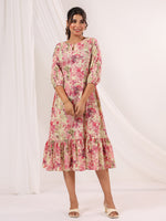 Thumbnail for Janasya Bright Cotton Floral A-Line Dress