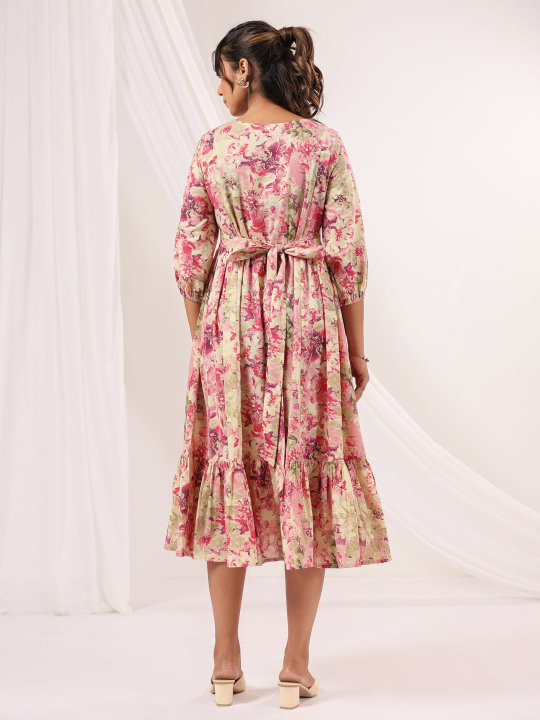 Janasya Bright Cotton Floral A-Line Dress