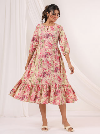 Janasya Bright Cotton Floral A-Line Dress