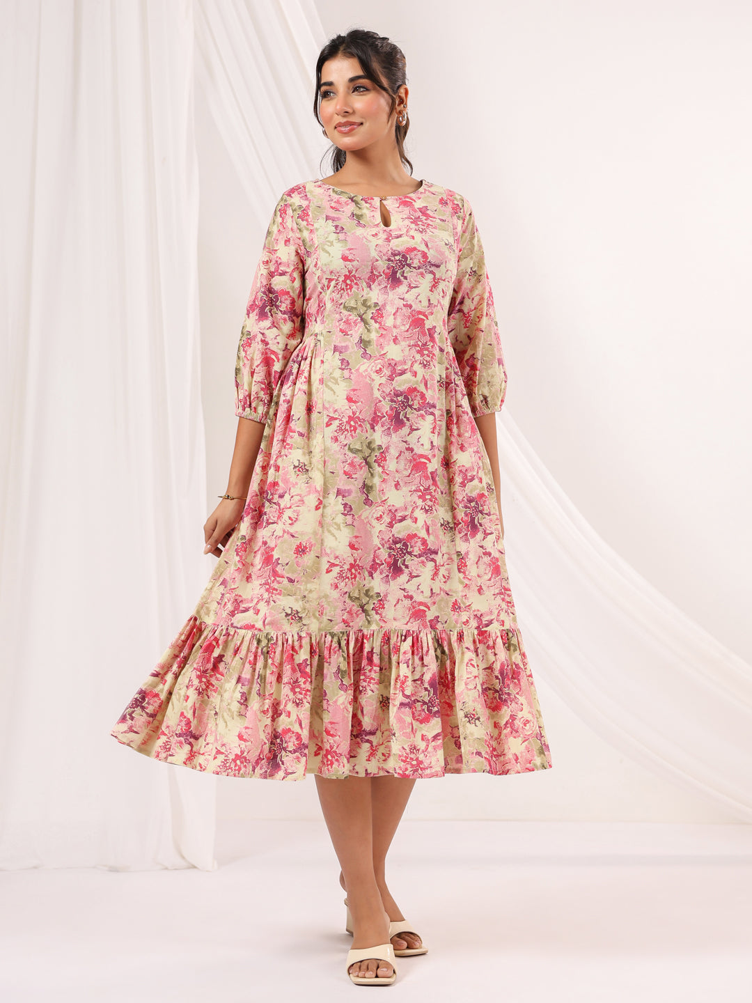 Janasya Bright Cotton Floral A-Line Dress