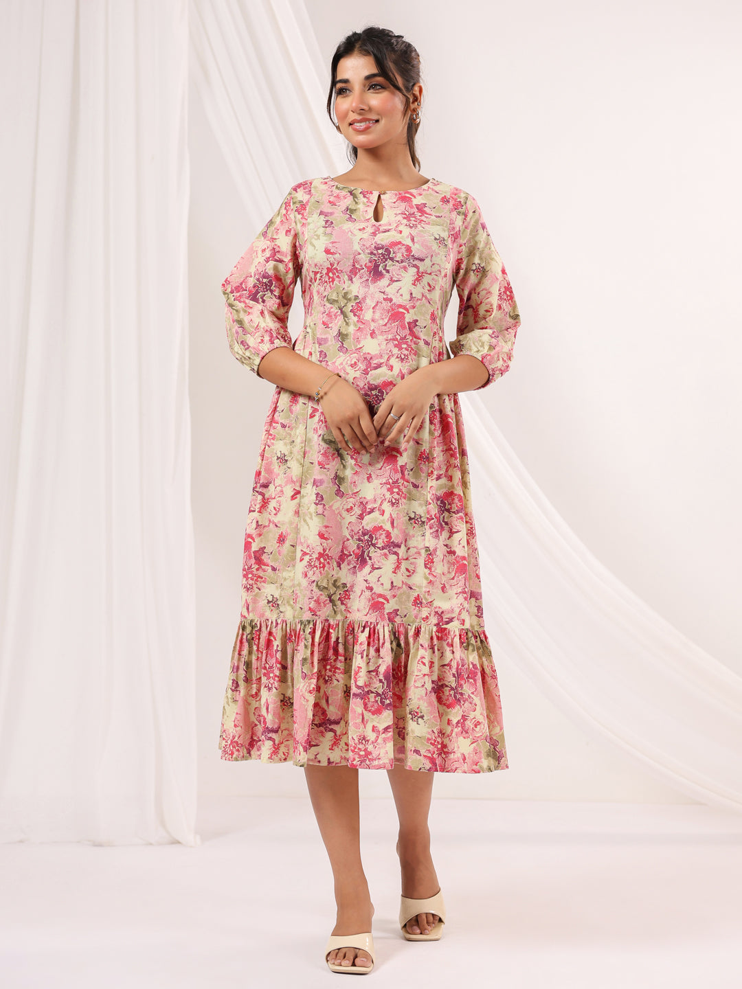 Janasya Bright Cotton Floral A-Line Dress
