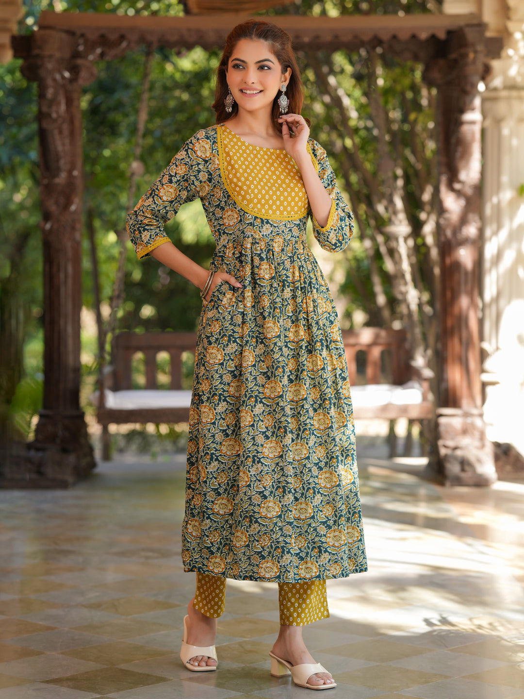 Janasya Dark Cotton Floral A-Line Kurta Set - Distacart