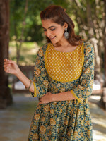 Thumbnail for Janasya Dark Cotton Floral A-Line Kurta Set