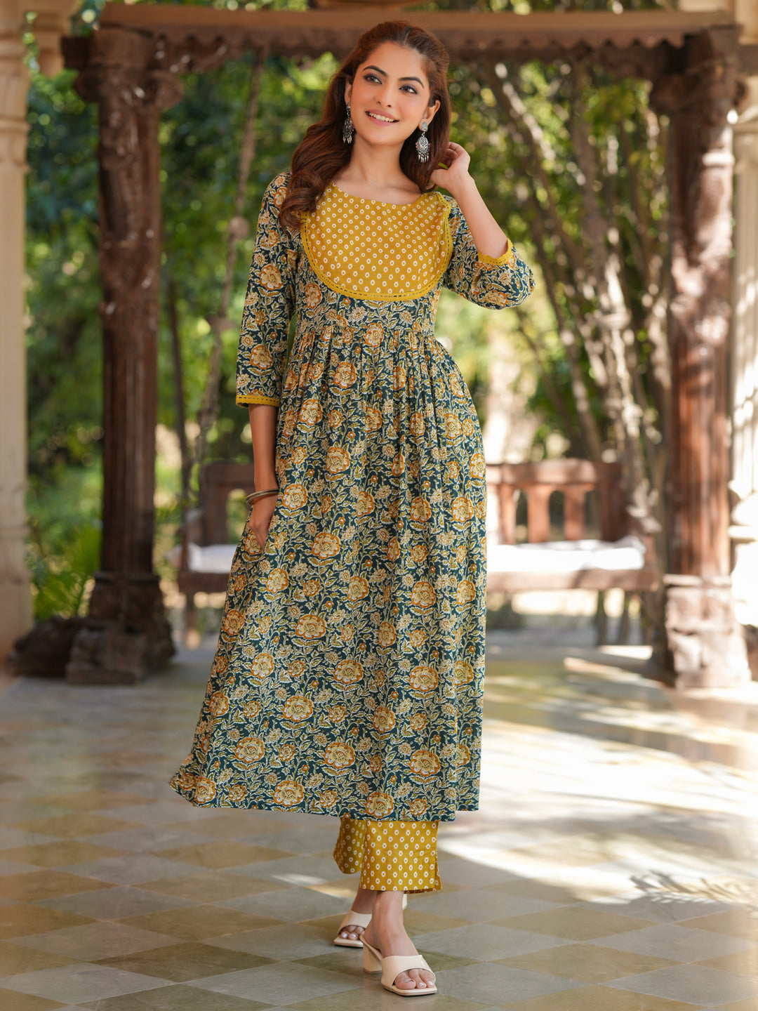 Janasya Dark Cotton Floral A-Line Kurta Set