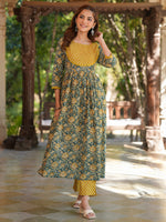 Thumbnail for Janasya Dark Cotton Floral A-Line Kurta Set