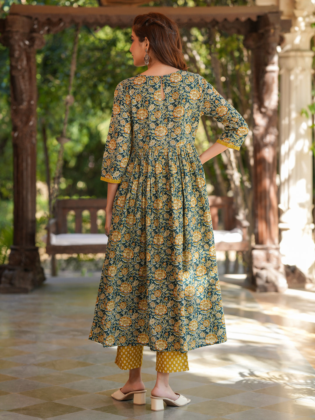 Janasya Dark Cotton Floral A-Line Kurta Set