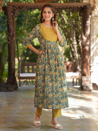 Janasya Dark Cotton Floral A-Line Kurta Set