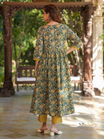 Thumbnail for Janasya Dark Cotton Floral A-Line Kurta Set