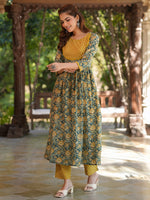 Thumbnail for Janasya Dark Cotton Floral A-Line Kurta Set