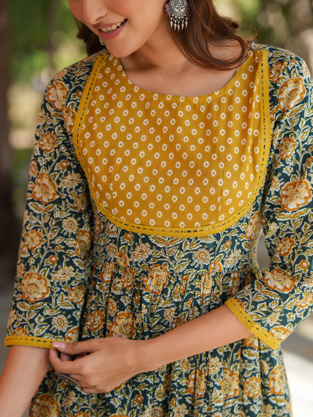Janasya Dark Cotton Floral A-Line Kurta Set