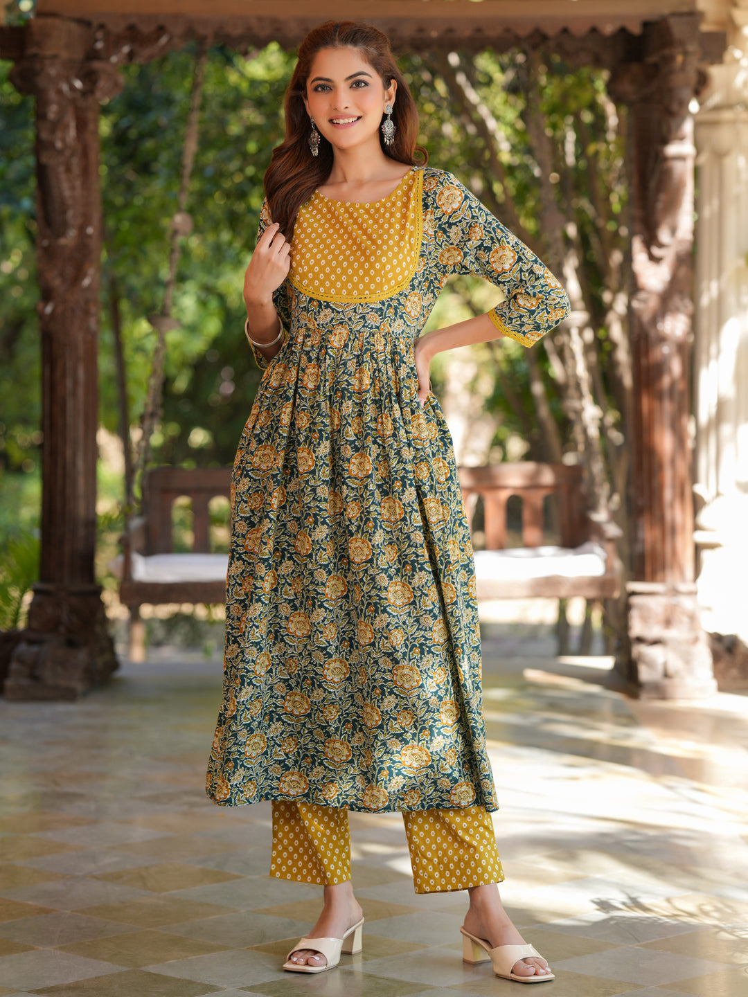 Janasya Dark Cotton Floral A-Line Kurta Set
