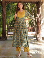 Thumbnail for Janasya Dark Cotton Floral A-Line Kurta Set