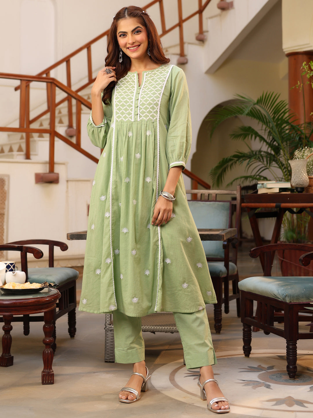 Janasya Light Cotton Embroidered A-Line Kurta Set