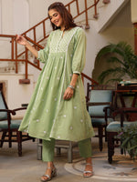 Thumbnail for Janasya Light Cotton Embroidered A-Line Kurta Set