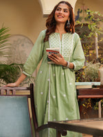 Thumbnail for Janasya Light Cotton Embroidered A-Line Kurta Set