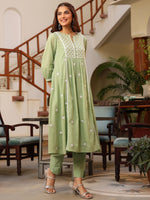 Thumbnail for Janasya Light Cotton Embroidered A-Line Kurta Set