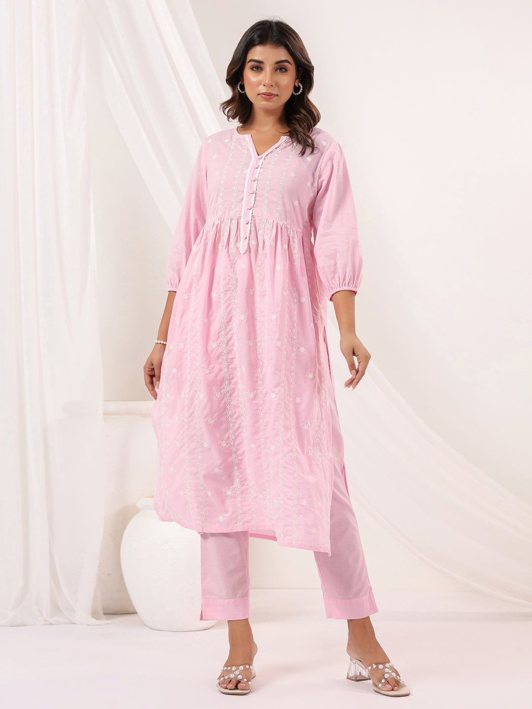 Janasya Light Cotton Embroidered A-Line Kurta Set
